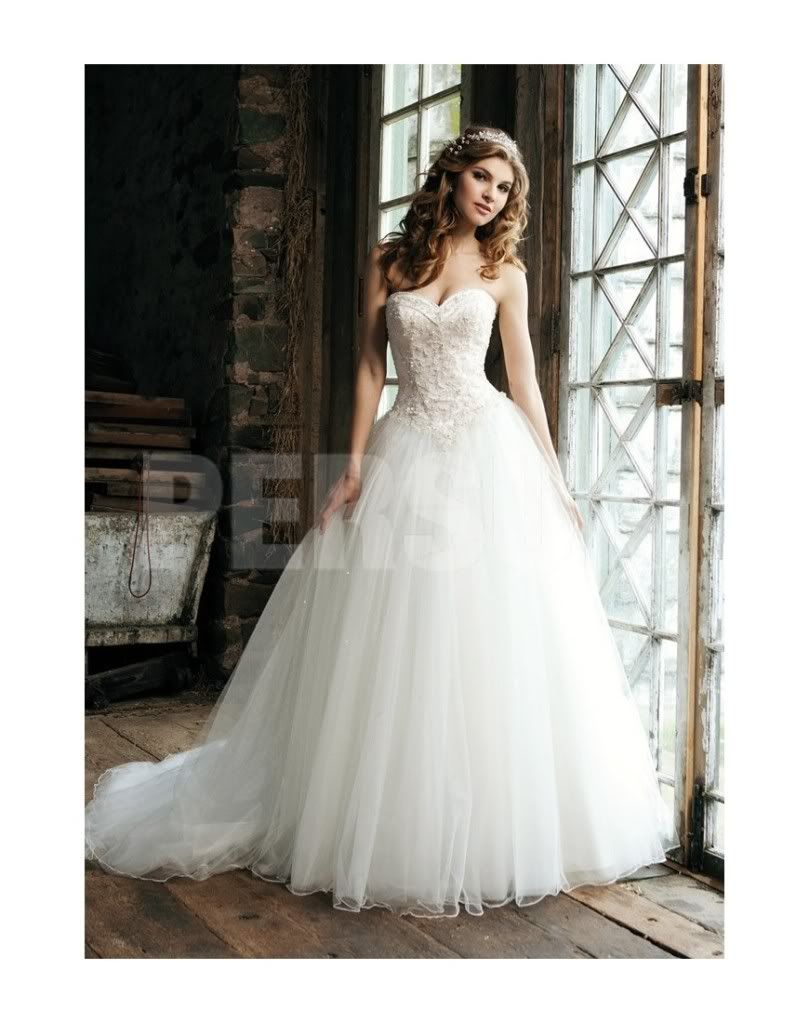 Embroidery Strapless Chapel Train A-Line Tulle Wedding Dress Pictures, Images and Photos