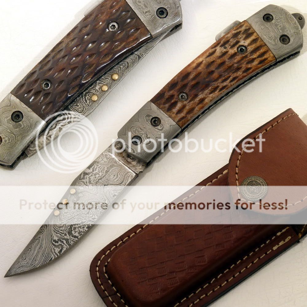   DAMASCUS FOLDING KNIFE WITH PUSH BUTTON LOCK & STAINED BONE  BK 1634